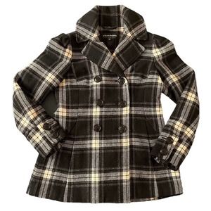 Steve Madden Womens Black & White Plaid Double-Breasted Pea Coat Wool Blend Sz M